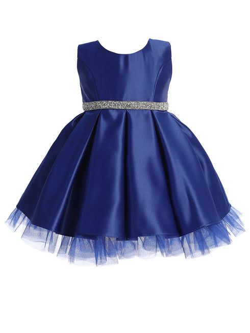 Sweet Kids Baby Girls Satin Dress with Pleated Skirt, Crystal Tulle Hem and Rhinestone Waist Trim, Sizes 6-24Months - SophiasStyle.com